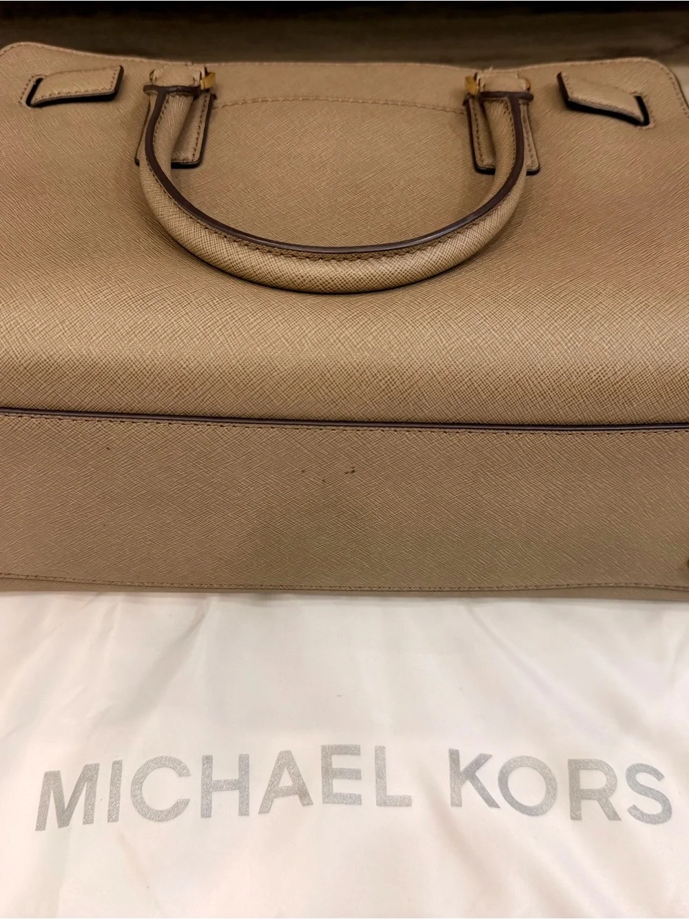 Michael Kors Taupe Saffiano Leather Satchel with Gold Hardware